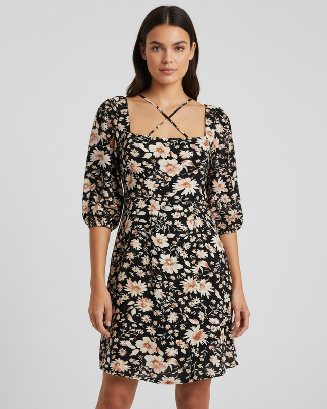 American Eagle Black Floral Square Neck Mini Dress
