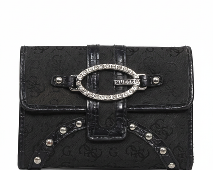 Guess Black Monogram Rhinestone Buckle Mini Bag