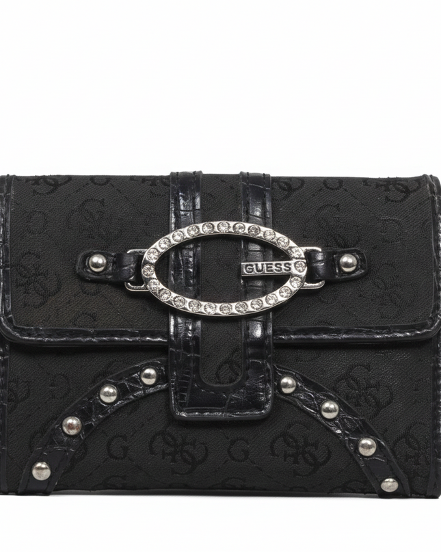 Guess Black Monogram Rhinestone Buckle Mini Bag