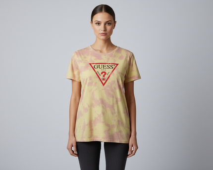 Guess Yellow Tie-Dye Triangle Logo Graphic Tee