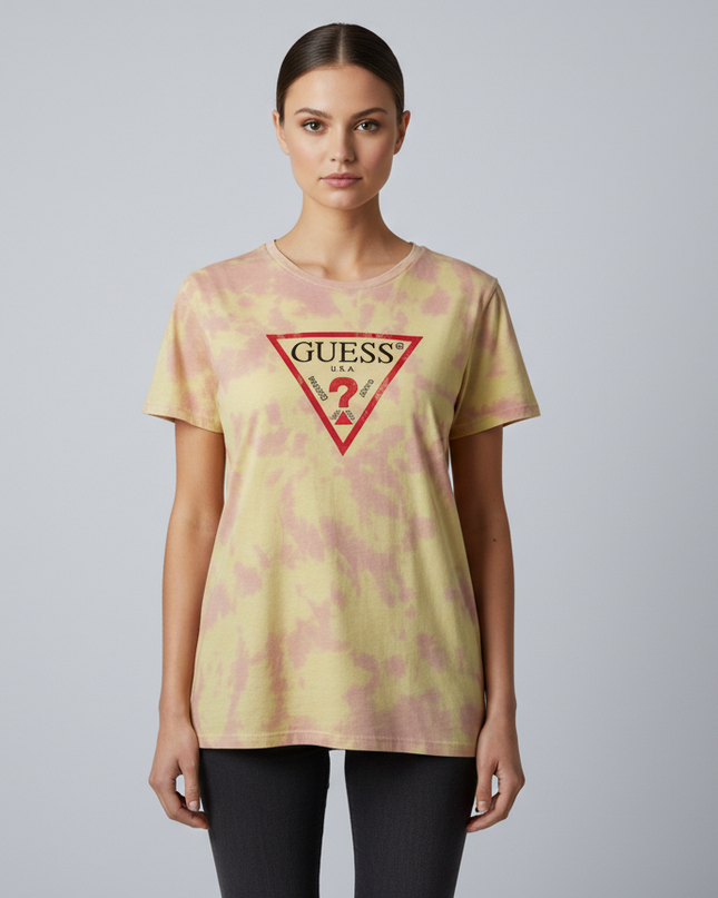 Guess Yellow Tie-Dye Triangle Logo Graphic Tee