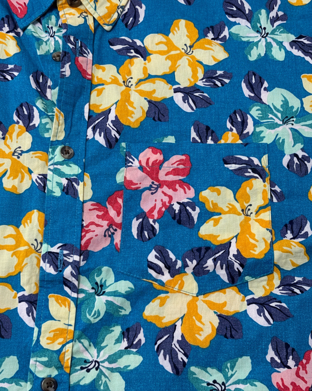 Old Navy Teal Floral Slim Fit Built-In Flex Short Sleeve Shirt