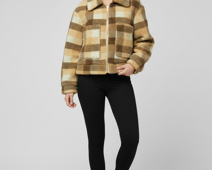 Princess Polly Brown Plaid Cropped Sherpa Jacket