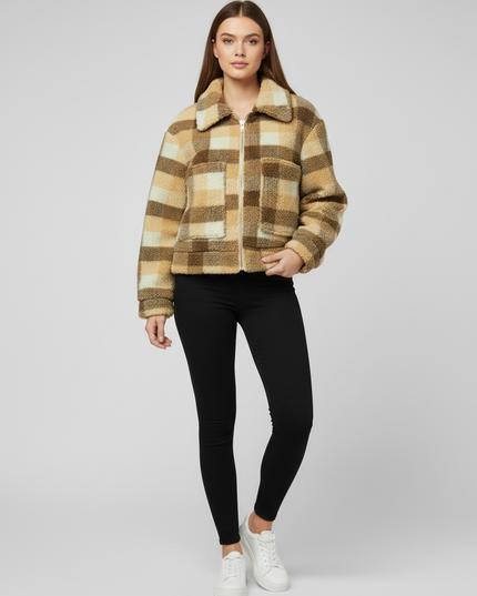 Princess Polly Brown Plaid Cropped Sherpa Jacket