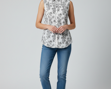 Banana Republic White/Black Floral Sleeveless Button-Down Shirt