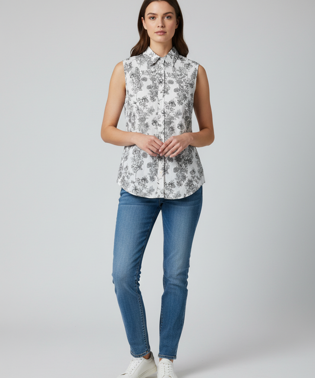 Banana Republic White/Black Floral Sleeveless Button-Down Shirt