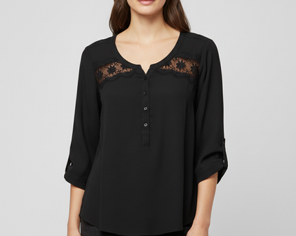 American Eagle Black Lace Detail Henley Blouse