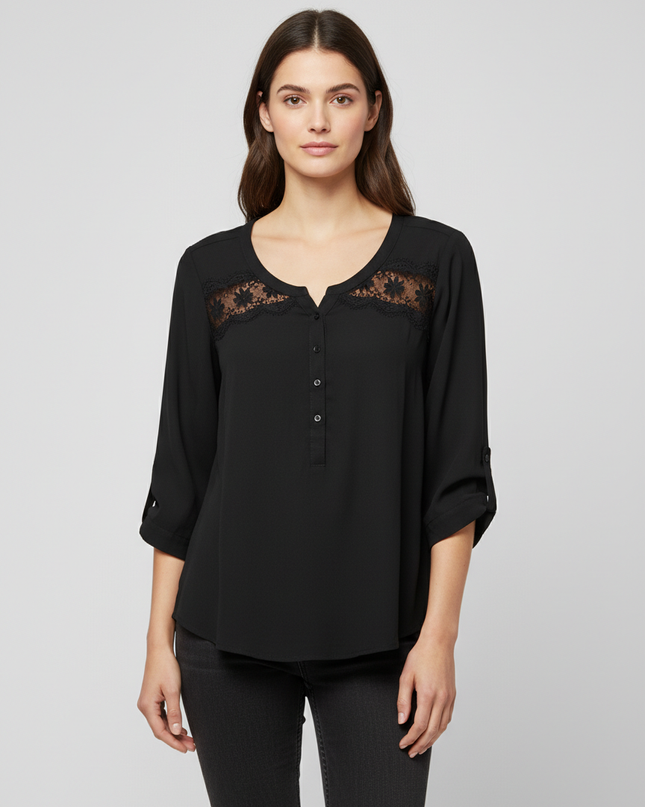 American Eagle Black Lace Detail Henley Blouse