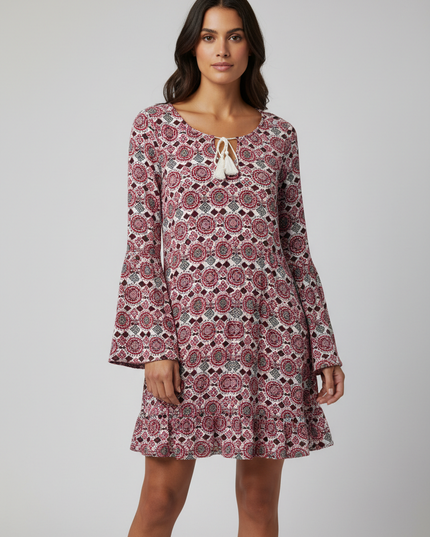 H&M Red/White/Black Patterned Boho Mini Dress