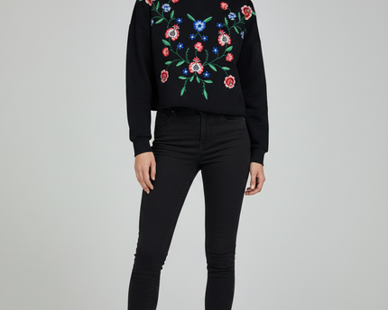 Miss Selfridge Black Floral Embroidered Cropped Sweatshirt