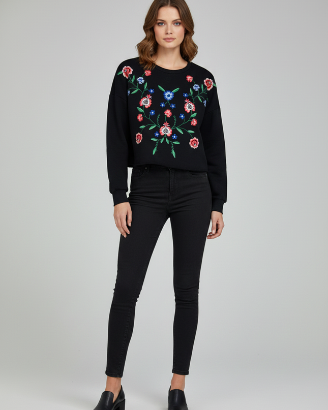 Miss Selfridge Black Floral Embroidered Cropped Sweatshirt