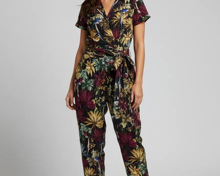 Zara Black Floral Short Sleeve Belted Jumpsuit