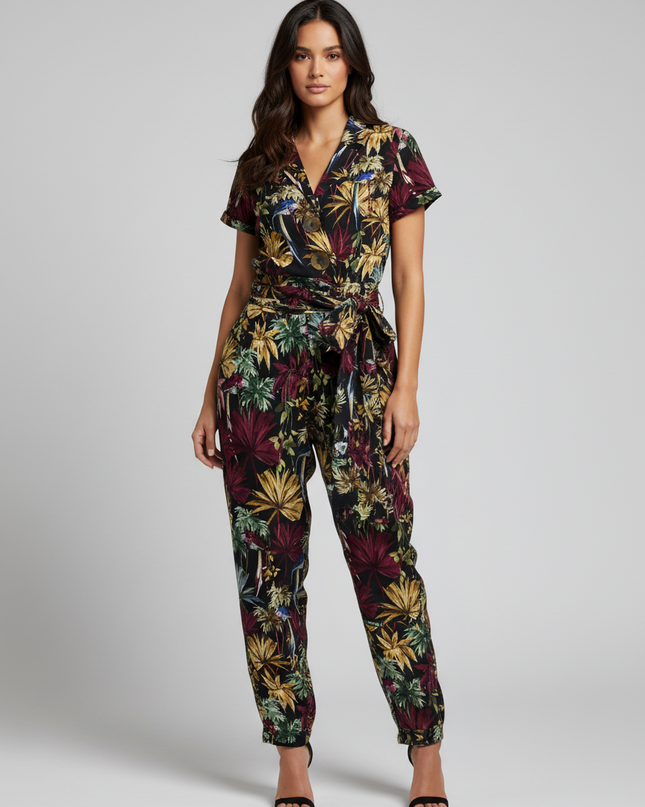 Zara Black Floral Short Sleeve Belted Jumpsuit