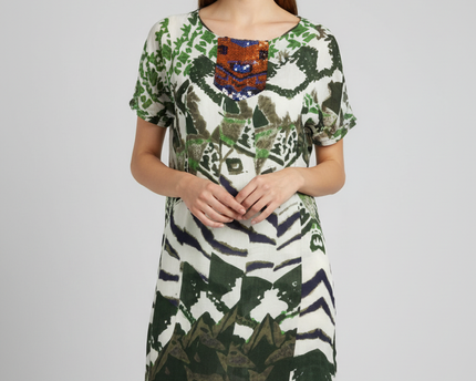 Antik Batik Green/White Sequin Embellished Abstract Print Mini Dress
