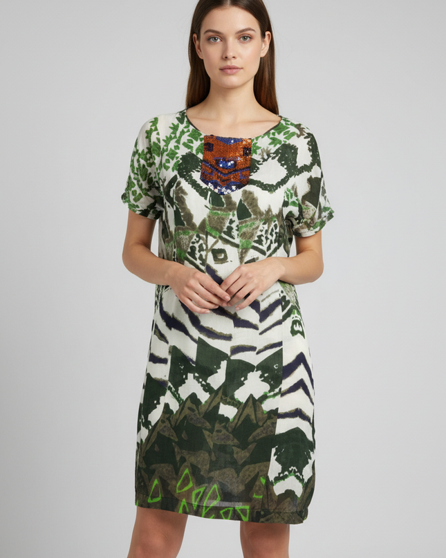 Antik Batik Green/White Sequin Embellished Abstract Print Mini Dress