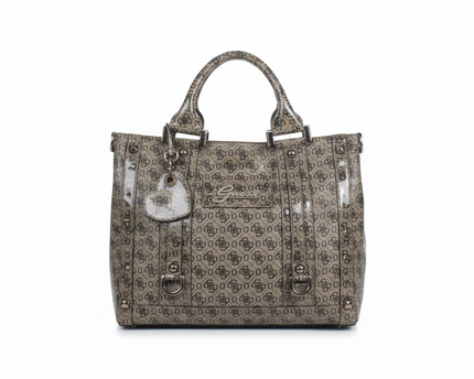 Guess Brown Monogram Patent Satchel Bag