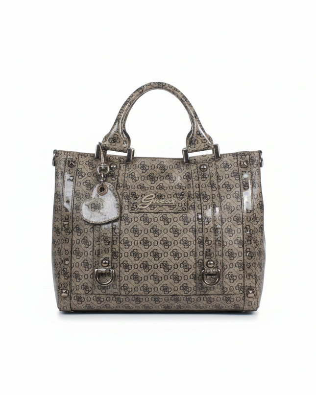 Guess Brown Monogram Patent Satchel Bag