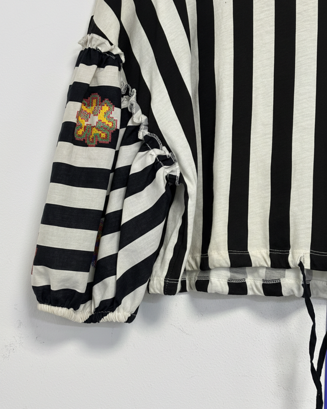 Zara Trafaluc Black and White Striped Embroidered Crop Top