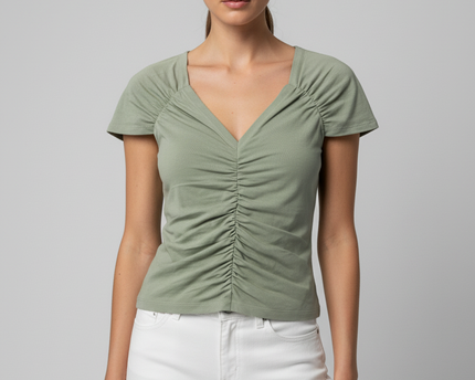 Vero Mod Sage Green Ruched V-Neck Short Sleeve Top