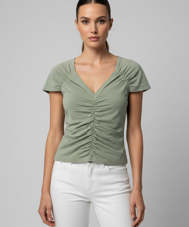 Vero Mod Sage Green Ruched V-Neck Short Sleeve Top