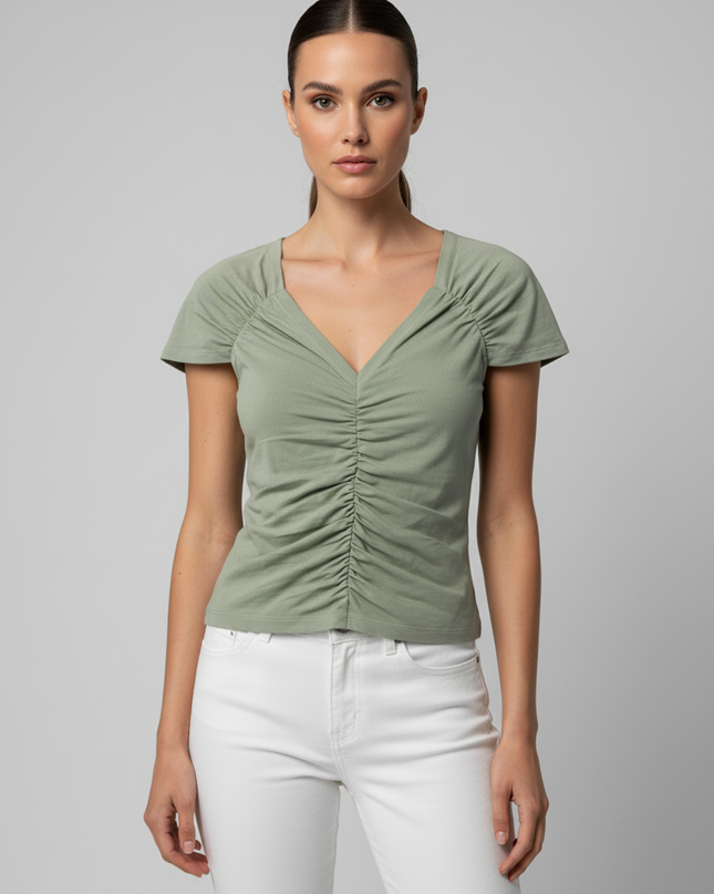 Vero Mod Sage Green Ruched V-Neck Short Sleeve Top