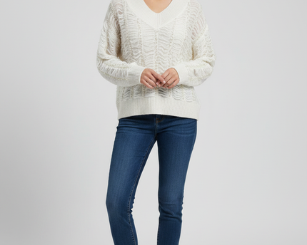 Vero Moda White Pearl Embellished Distressed V-Neck Sweater