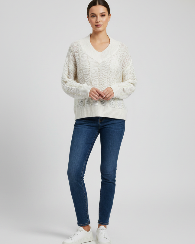 Vero Moda White Pearl Embellished Distressed V-Neck Sweater