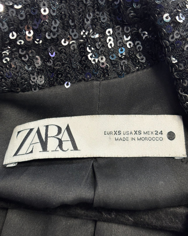 Zara Black Sequin Tailored Blazer and Flared Pants Suit Set