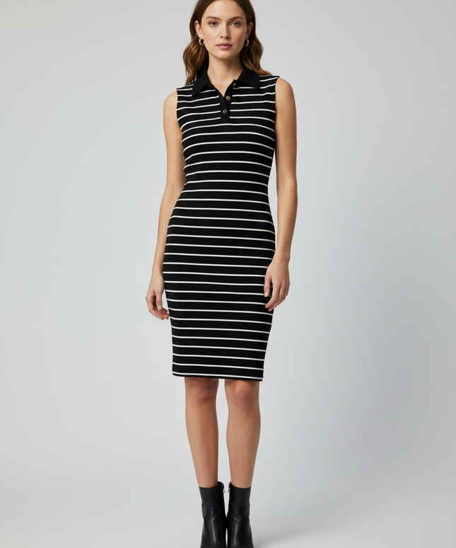 LCW Black & White Striped Sleeveless Polo Dress