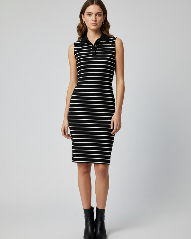 LCW Black & White Striped Sleeveless Polo Dress