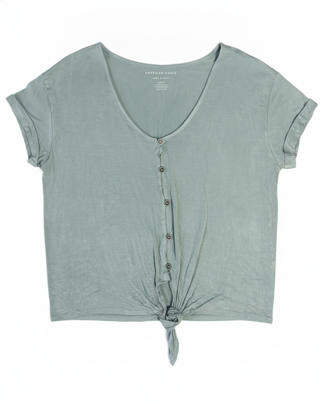 American Eagle Green Soft & Sexy Tie-Front Button Down Top