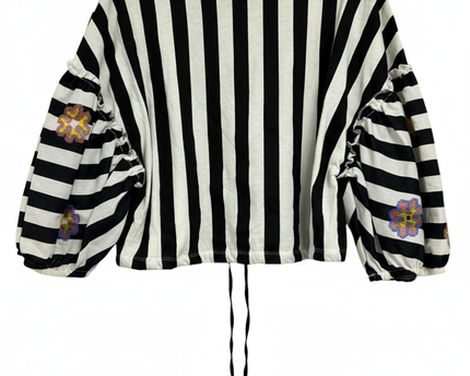 Zara Trafaluc Black and White Striped Embroidered Crop Top