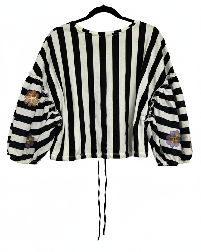 Zara Trafaluc Black and White Striped Embroidered Crop Top