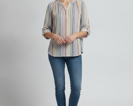 Chaps Multicolor Striped V-Neck Blouse with Roll-Tab Sleeves