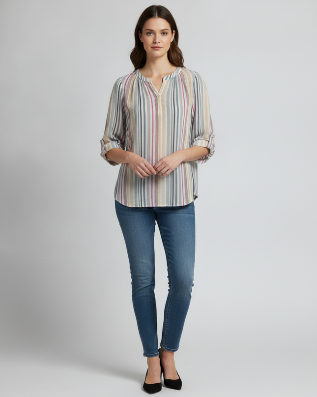 Chaps Multicolor Striped V-Neck Blouse with Roll-Tab Sleeves
