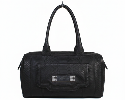 Guess Black Faux Python Satchel Bag with Rhinestone Detail