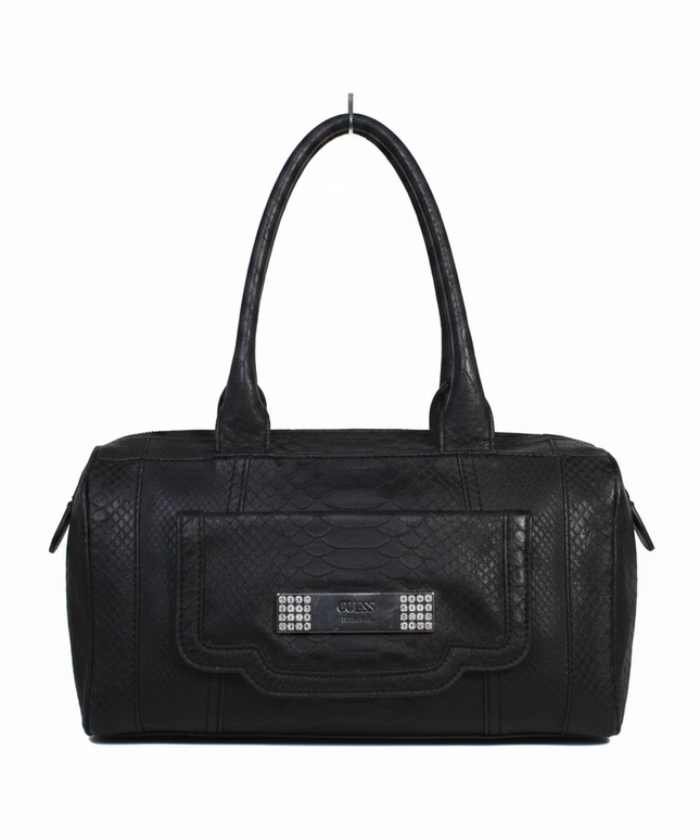 Guess Black Faux Python Satchel Bag with Rhinestone Detail