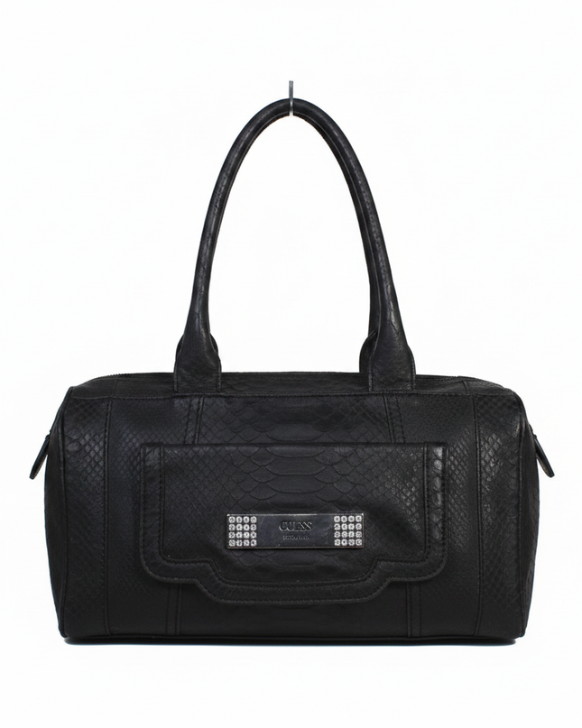 Guess Black Faux Python Satchel Bag with Rhinestone Detail