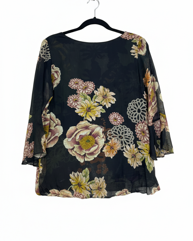 M&G Black Floral Silk Blend V-Neck Blouse