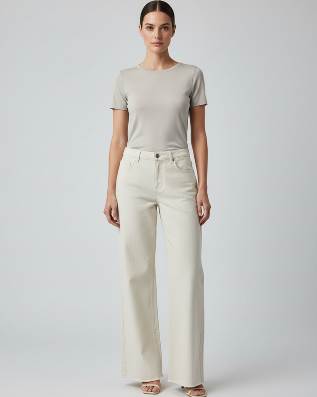 Zara Cream High-Waisted Wide Leg Raw Hem Jeans