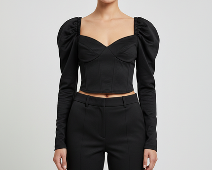 Zara Black Long Sleeve Puff Shoulder Corset Top