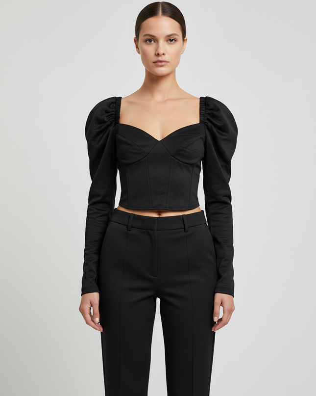 Zara Black Long Sleeve Puff Shoulder Corset Top