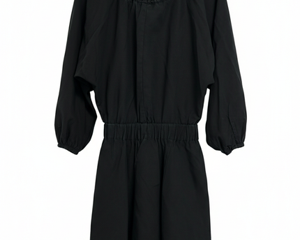 H&M Black Lyocell-Linen Puff Sleeve Tie-Neck Dress