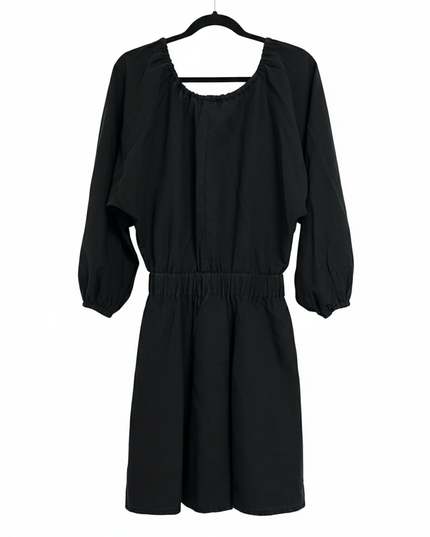 H&M Black Lyocell-Linen Puff Sleeve Tie-Neck Dress