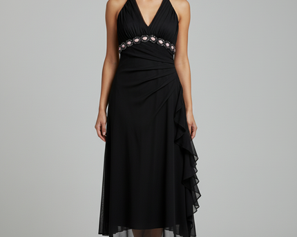 Cache Black Beaded Halter Midi Dress