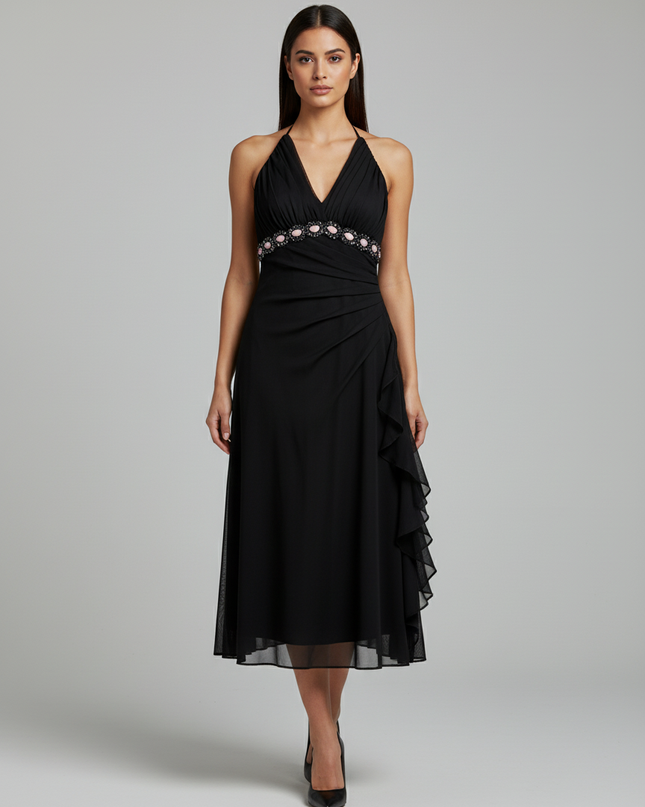 Cache Black Beaded Halter Midi Dress