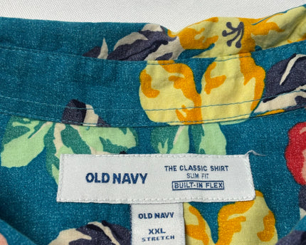 Old Navy Teal Floral Slim Fit Built-In Flex Short Sleeve Shirt
