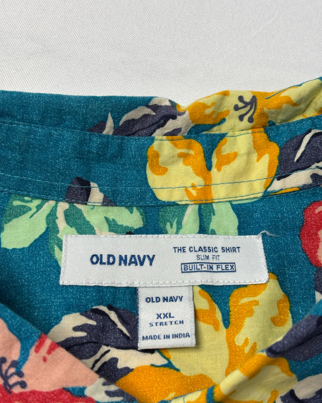 Old Navy Teal Floral Slim Fit Built-In Flex Short Sleeve Shirt