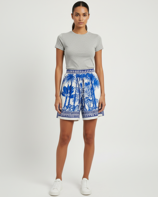 Zara Blue Tropical Print Wide-Leg Flowy Shorts
