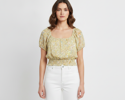 American Eagle Yellow Floral Puff Sleeve Crop Top